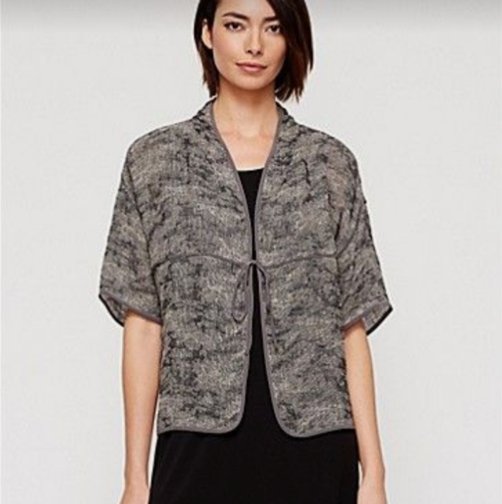 Eileen Fisher Linen Blend Silk Trim Tie Front Gauze Jaquard Jacket Gray Size XS